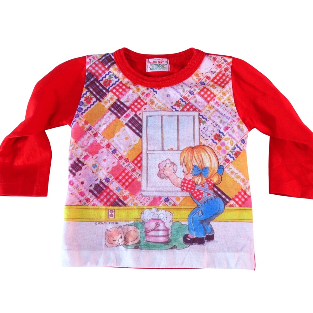 VTG HEALTH-TEX Knit T-Shirt LITTLE GIRL WINDOW WASHING With Her Cat ADORABLE! 3T